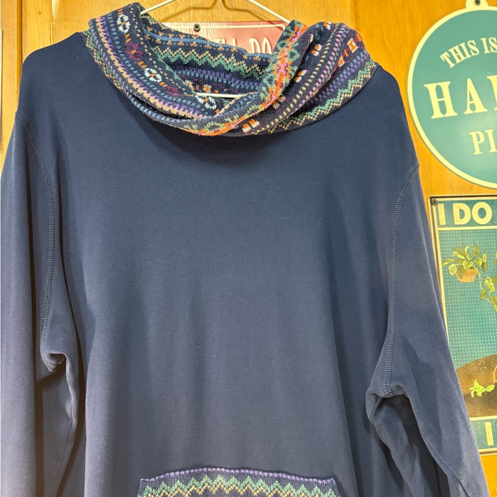 Chaps Navy Cowl Neck Sweater with Multicolor Fair Isle Pocket - Picture 3 of 8